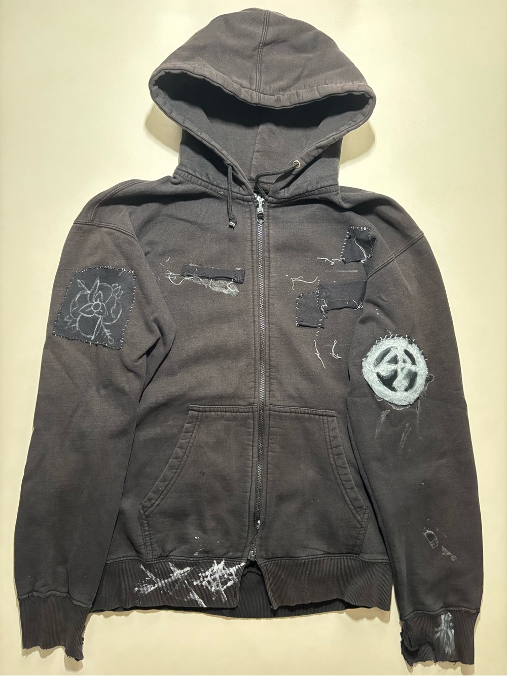 Men's jack off Jill Distressed Black Zip Hoodie with metal/goth Patchwork
